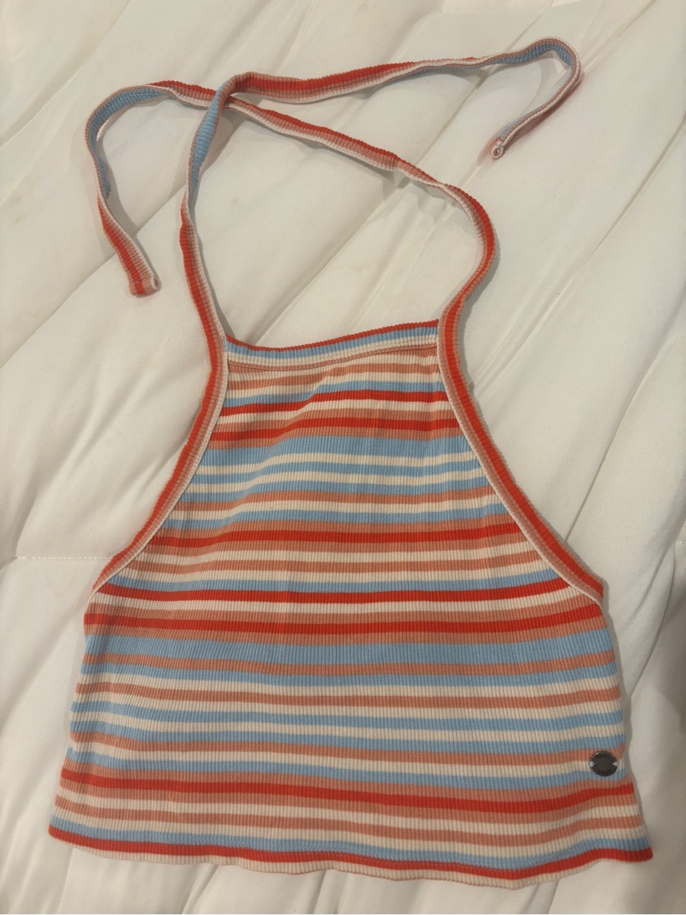 Roxy Striped Halter Tank Top in Coral, Light Blue & Cream